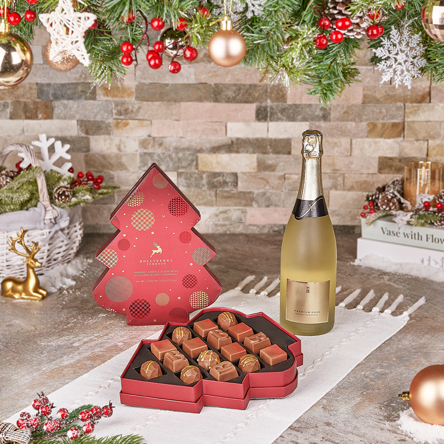 Christmas Champagne & Chocolate Gift Basket, christmas gift, christmas, chocolate gift, chocolate, sparkling wine gift, sparkling wine, champagne gift, champagne, Canada delivery