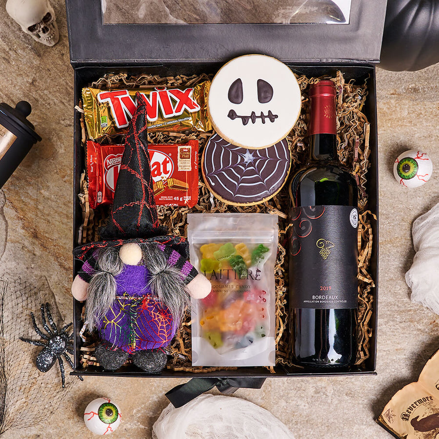 Happy Halloween Wine Gift Basket, wine gift, wine, gourmet gift, gourmet, Halloween gift, Halloween, candy gift, candy