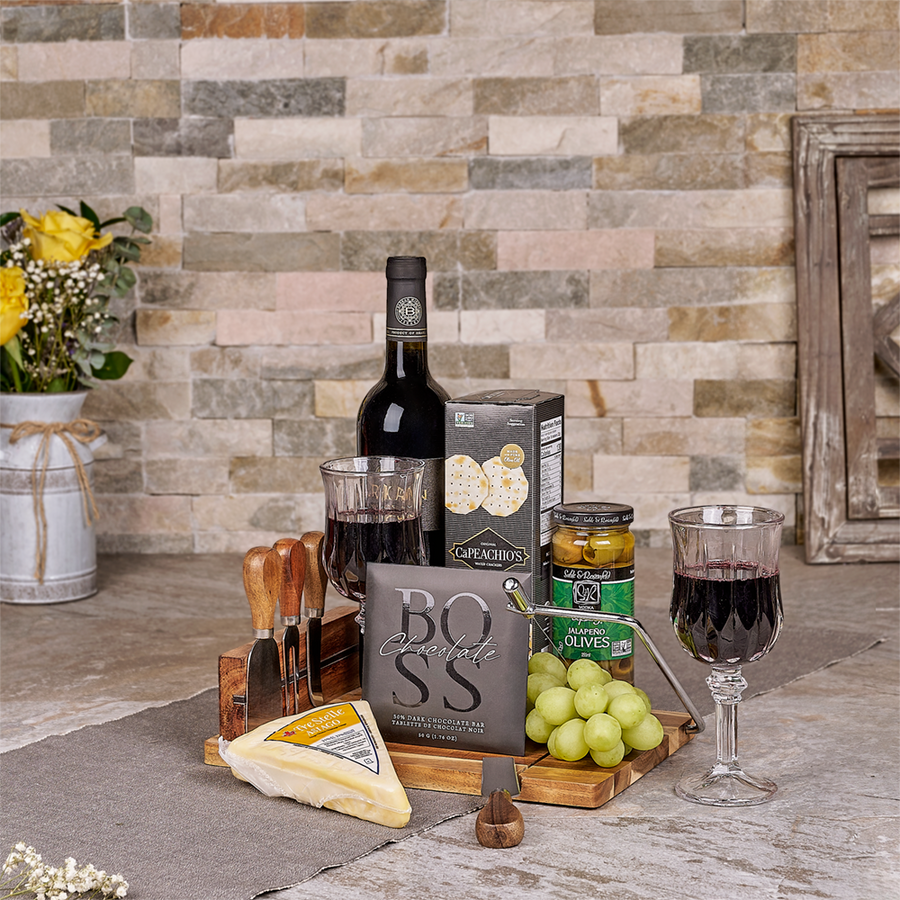 Kosher Wine & Cheese Platter, kosher gift, kosher, wine gift, wine, chocolate gift, chocolate, cheese gift, cheese, fruit gift, fruit, Canada delivery