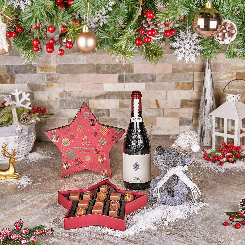 Wine & Chocolate Christmas Basket, christmas gift, christmas, holiday gift, holiday, wine gift, wine, chocolate gift, chocolate, plush gift, plush, Canada delivery, Set 28418-2024