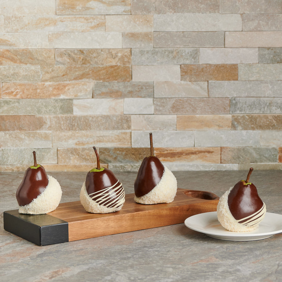 The Fall Season Gift Set, chocolate, chocolate dipped fruit, pears, chocolate gift baskets, baskets, fruit gift baskets, chocolate dipped pears, hand made