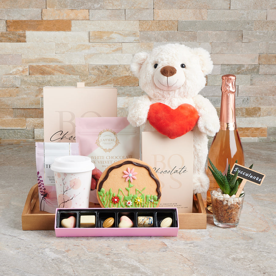 Champagne Gift Basket for Mom, plush gift, mother's day, mother's day gift, tea gift, chocolate gift, champagne, champagne gift