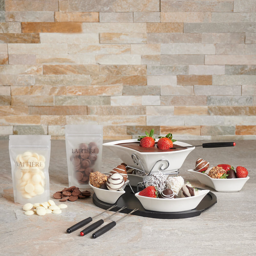 Chocolate Fondue & Strawberries Gift Set, chocolate gift, chocolate, fondue gift, fondue, strawberry gift, strawberries, gourmet gift, gourmet