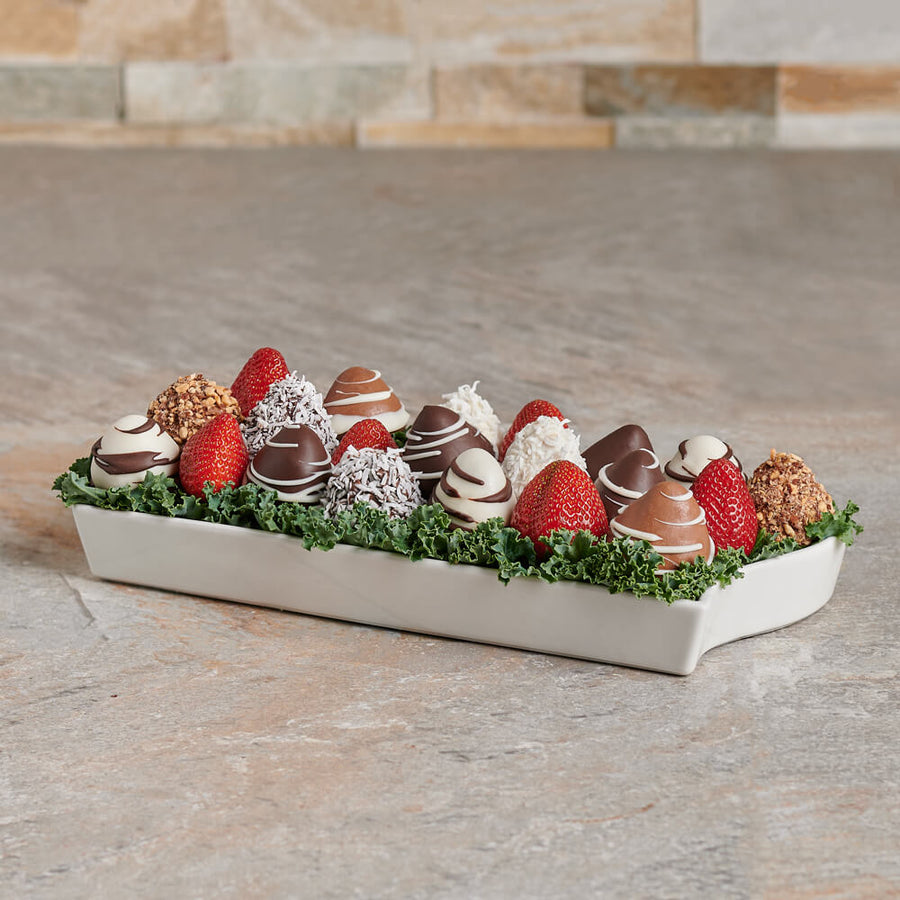 Chocolate Strawberry Platter Gift Set, chocolate dipped strawberry gifts, chocolate dipped strawberries, fruit gift, fruit