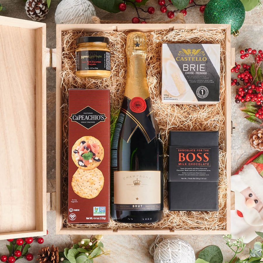 Holiday Champagne & Appetizer Gift Box, champagne gift, champagne, sparkling wine gift, sparkling wine, christmas gift, christmas, holiday gift, holiday