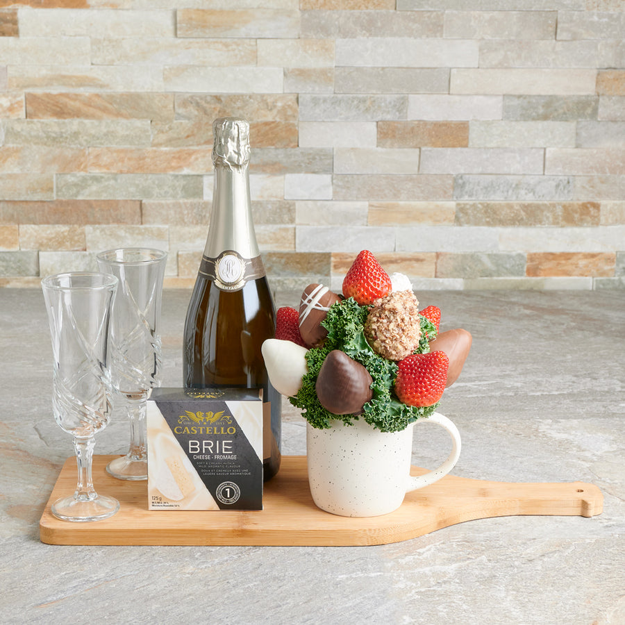 Chocolate Dipped Strawberry Arrangement Gift Set, Valentine's Day gifts, chocolate covered strawberries, sparkling wine gifts, cheese