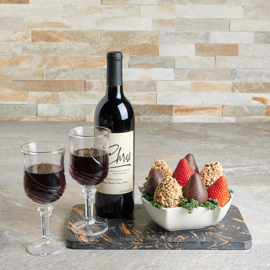 The Blooming Chocolate Dipped Strawberry Gift Basket With Wine, Valentine's Day gifts, wine gifts, chocolate covered strawberries