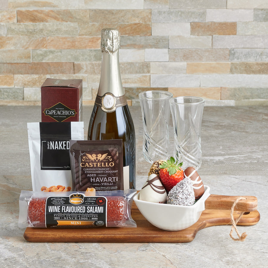 Champagne & Strawberries Gift Basket, Valentine's Day gifts, sparkling wine gifts, chocolate covered strawberries