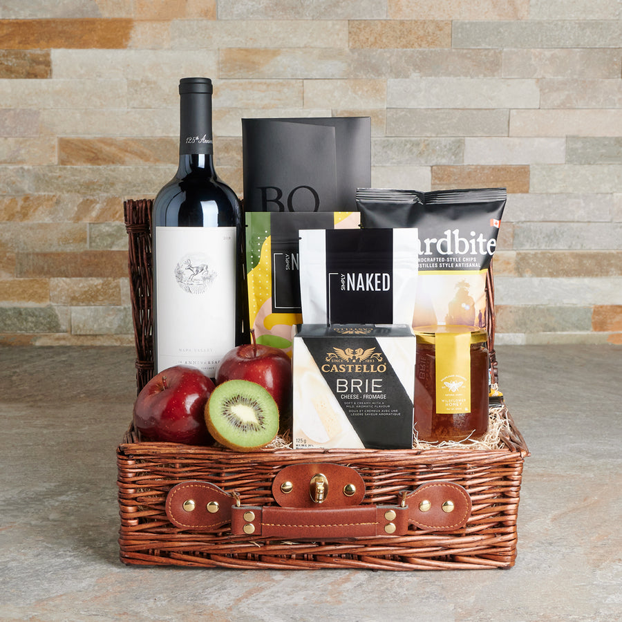 Deluxe Gourmet Snack & Wine Gift Basket, gourmet gift, gourmet, wine gift, wine, fruit gift, fruit
