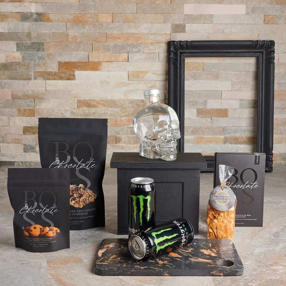 The Exhilarating Liquor & Treat Gift, liquor gift, liquor, energy drink gift, energy drinks, chocolate gift, chocolates