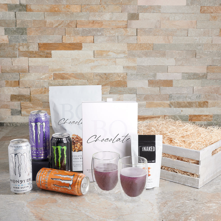 Charged Drink & Chocolate Crate, energy drink gift, energy drinks, monster energy drink gift, gourmet gift, chocolate gift