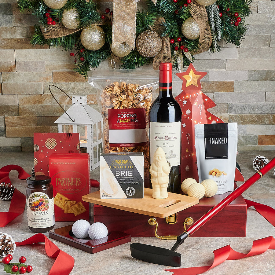 crackers, cutting board, Cheese, white chocolate, Chocolate, golf, wine gift baskets, wine gift, wine, wine baskets, Gourmet Gift Basket, gourmet, wine basket delivery, delivery wine basket, christmas golf canada, canada christmas golf, toronto