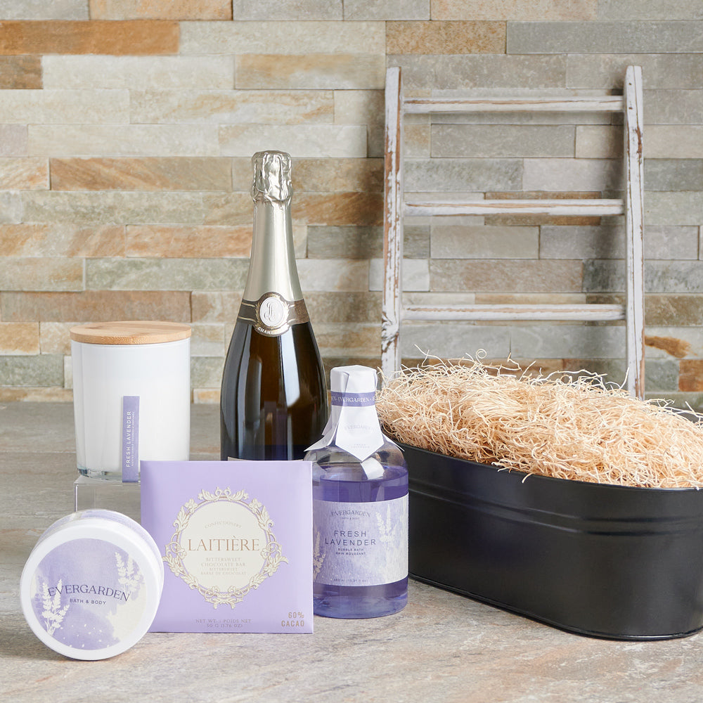 candle, chocolate, sparkling wine gift set, sparkling wine gift, sparkling wine, skincare, bath and body, spa, lavender, Set 24096-2021, spa gift set delivery, delivery spa gift set, sparkling wine gift set canada, canada sparkling wine gift set, toronto