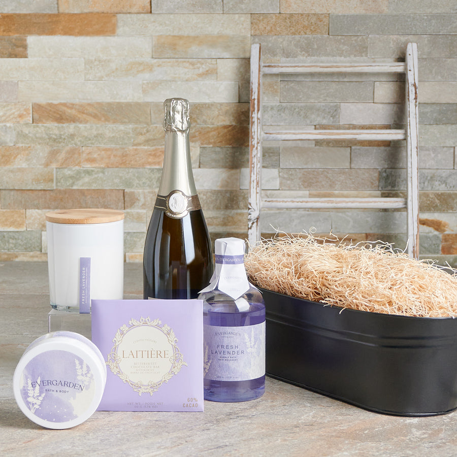 candle, chocolate, sparkling wine gift set, sparkling wine gift, sparkling wine, skincare, bath and body, spa, lavender, Set 24096-2021, spa gift set delivery, delivery spa gift set, sparkling wine gift set canada, canada sparkling wine gift set, toronto