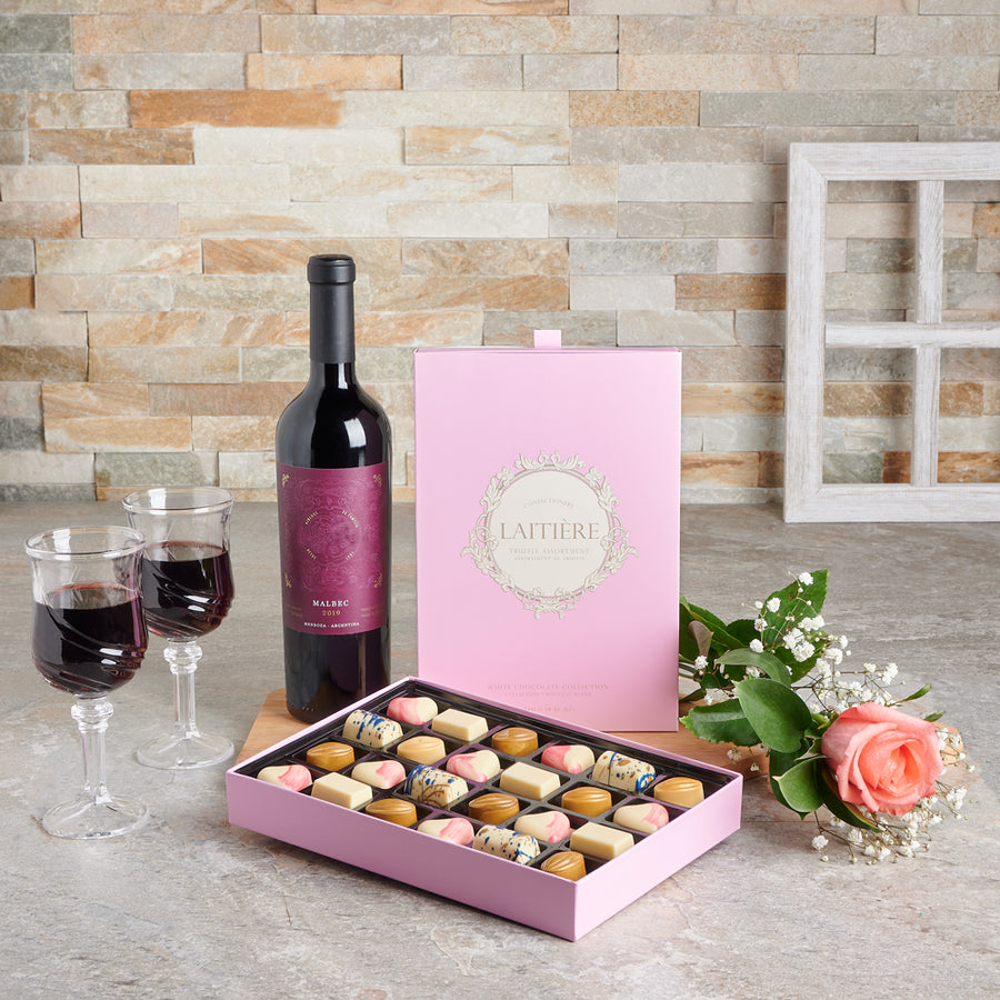 Mother’s Day Blushing Rose & Wine Gift , wine gift, mother's day gift, chocolate gift
