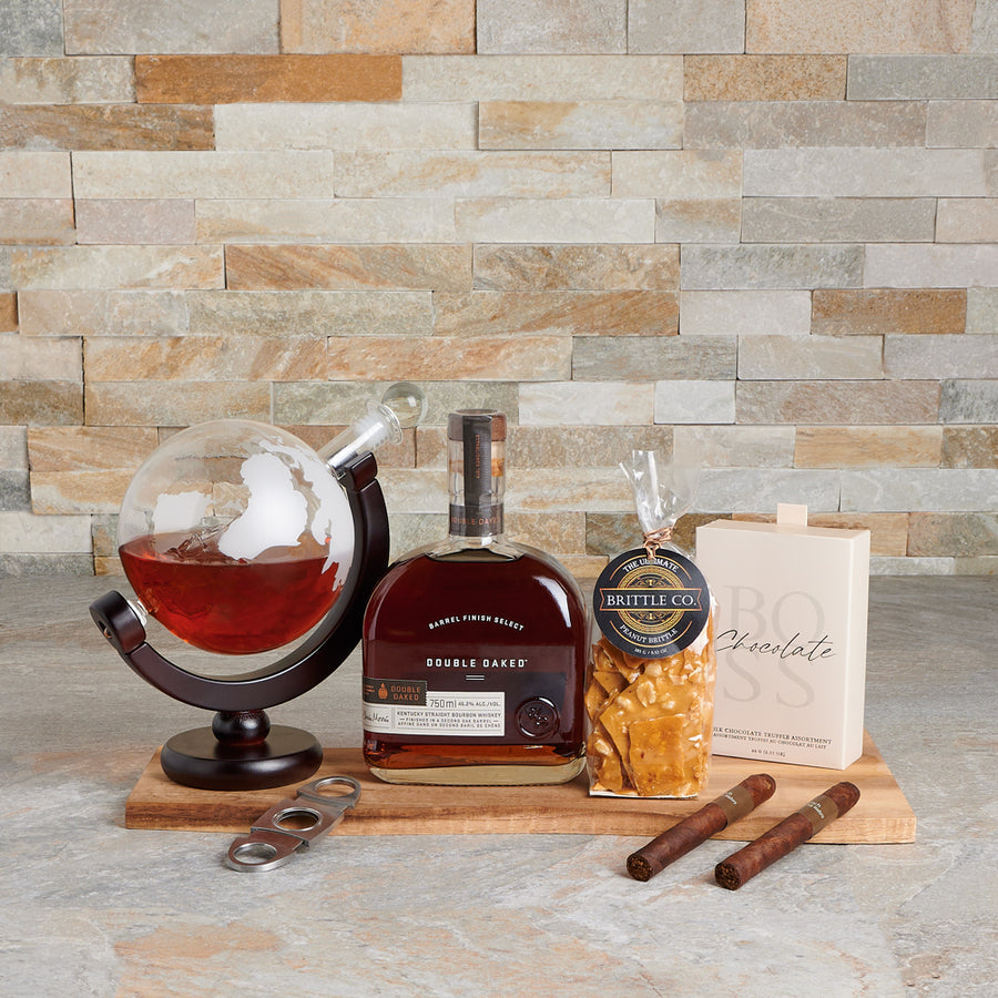 Globetrotter Decanter Gift Board, gourmet gift, liquor gift, liquor, decanter gift, decanter, chocolate gift, chocolate, cigar gift, luxury gift