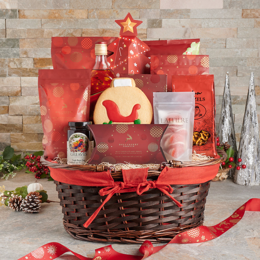 Sweet Winter Tale Liquor Gift Basket, pretzels, jam, popcorn, beet chips, cookies, Chocolate, Liquor Gift Basket, Liquor, spirits, christmas gift basket delivery, delivery christmas gift basket, liquor basket canada, canada liquor basket, toronto