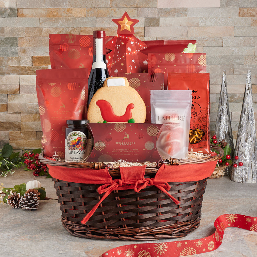 Jolly St. Nick Christmas Wine Gift Basket, popcorn, beet chips, jam, pretzels, Chocolate, cookies, wine gift baskets, wine, christmas gift basket delivery, delivery christmas gift basket, wine basket canada, canada wine basket, toronto