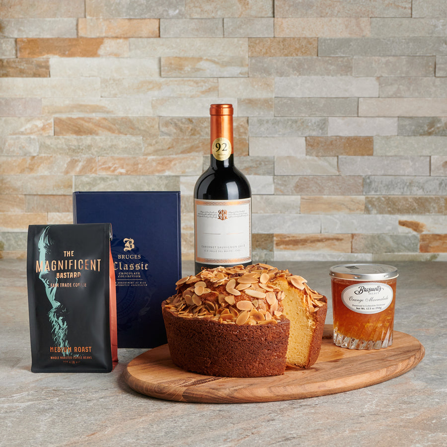 gourmet gift set, coffee cake, marmalade, wine, Coffee, cutting board, Chocolate