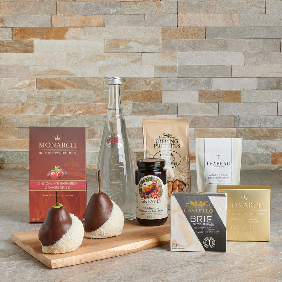 Heavenly Treats Gift Set with Spring Water – Gourmet gift baskets – Canada delivery, gourmet, gourmet gift baskets, gift baskets, gift, baskets, chocolate dipped pears, pear, chocolate dipped, berry jam, jam, chai tea, tea, brie cheese, cheese, brie, chocolate truffles, chocolates, chocolate engored cranberriers, cranberries, cranberry, spring water