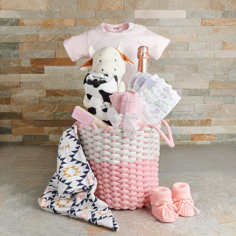 Soft & Sweet Baby Girl Gift Basket, baby gift, baby, baby girl gift, baby girl, baby shower gift, baby shower, champagne gift, champagne, sparkling wine gift, sparkling wine