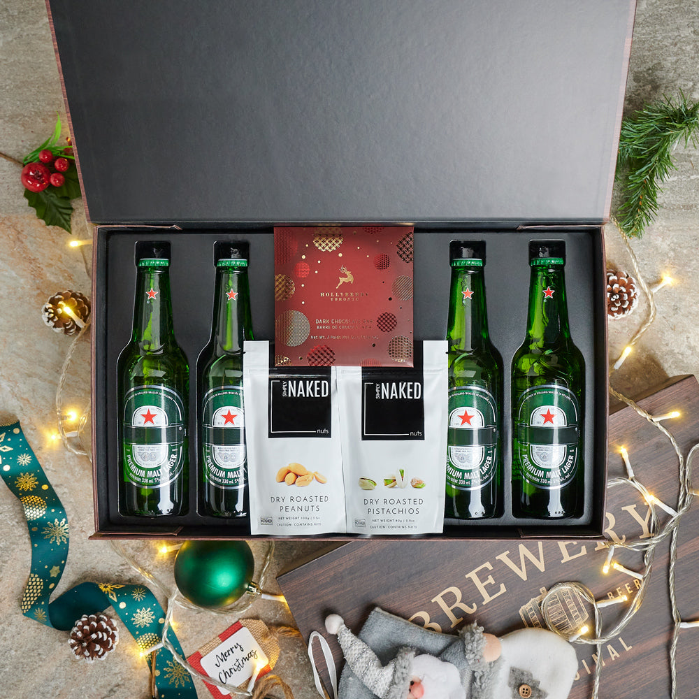 christmas beer box, holiday, christmas, chocolate, beer box, nuts, heineken, Festive Heineken and Snacks Box, beer christmas gift basket, beer box holiday gift basket, gift basket delivery canada, toronto