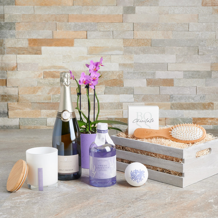hairbrush, candle, spa crate, chocolate gift baskets, Chocolate, potted plant, Spa, bath bomb, bath and body, bath, Sparkling Wine, potted plant basket delivery, delivery potted plant basket, spa gift basket canada, canada spa gift basket, toronto