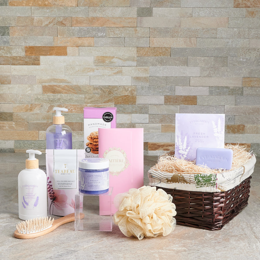 lavender gift basket, spa gift basket, cookies, chocolate, tea, mother's day, lavender, skincare, bath and body, spa, spa gift set delivery, delivery spa gift set, bath and body set canada, canada bath and body set, toronto