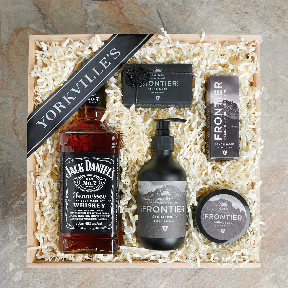 spa baskets for him, bear oil, jack daniels, lavender, bath and body, skincare, spa, whiskey spa gift set delivery, delivery whiskey spa gift set, bath and body gift set canada, canada bath and body gift set, toronto