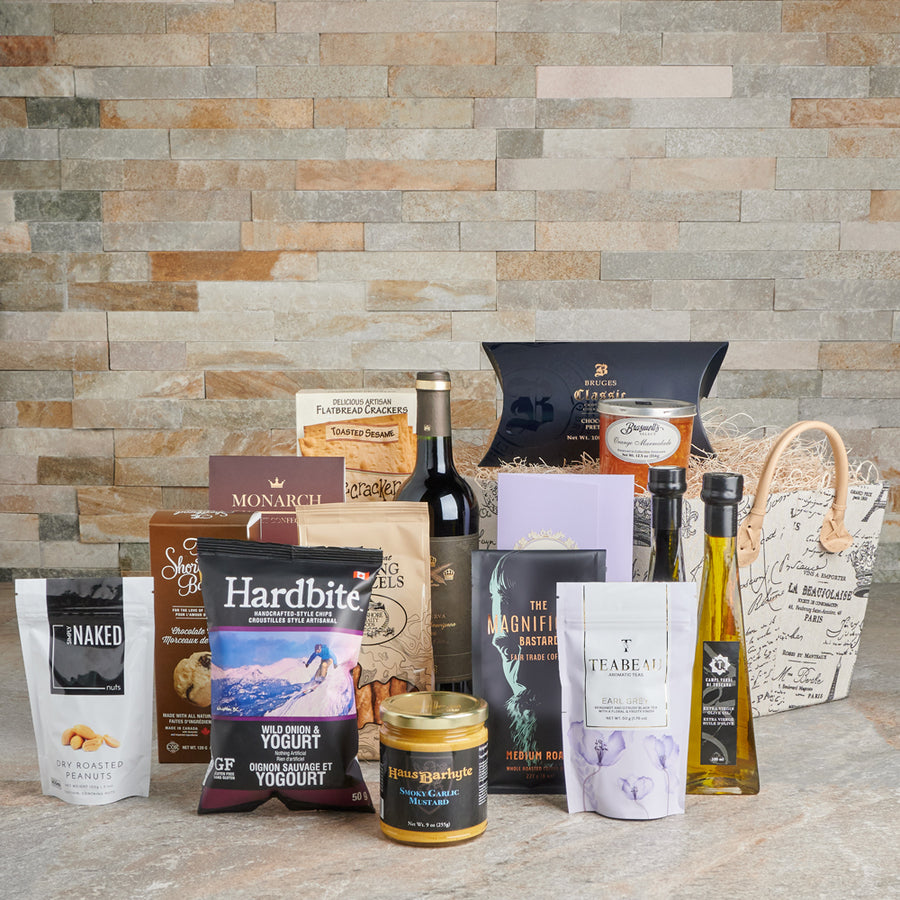 Penultimate Gourmet Wine Gift Basket, Gourmet Gift Baskets, Wine Gift Baskets, Chocolate Gift Baskets, Crackers, Tea, Chips, Canada Delivery