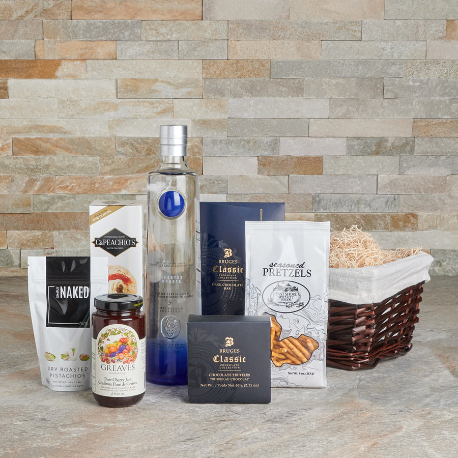 Liquor Gift Basket, jam, nuts, chocolate truffles, liquor gift, Liquor, Chocolate, liquor gift basket delivery, delivery liquor gift basket, liquor basket canada, canada liquor basket, toronto
