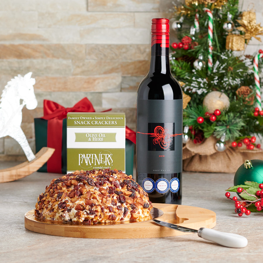 The Holiday Party Platter Gift Set, Wine Gift Baskets, Christmas Gift Baskets, Gourmet Gift Baskets, Xmas Gift Sets, Cheeseball, Wine, Crackers, Canada Delivery
