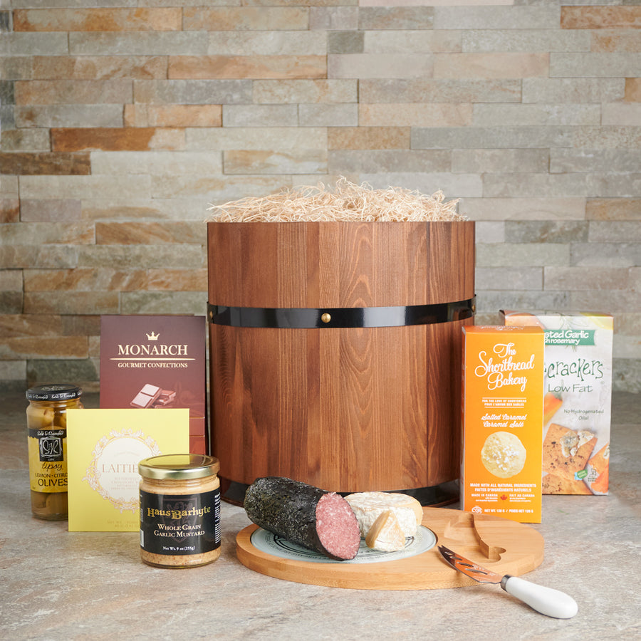 Delicious Gourmet Snack Barrel, Gourmet Gift Baskets, Chocolate Gift Baskets, Crackers, Chocolates, Salami, Cookies, Canada Delivery