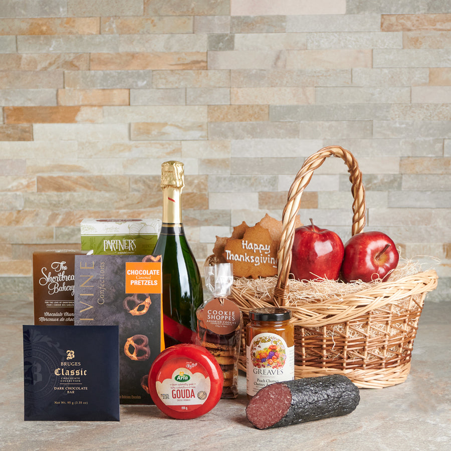Chocolate, crackers, chutney, Cheese, cookies, Fruit, Thanksgiving, Champagne, Champagne Gift Basket, thanksgiving gift basket delivery, delivery thanksgiving gift basket, gift basket canada, canada gift basket, toronto