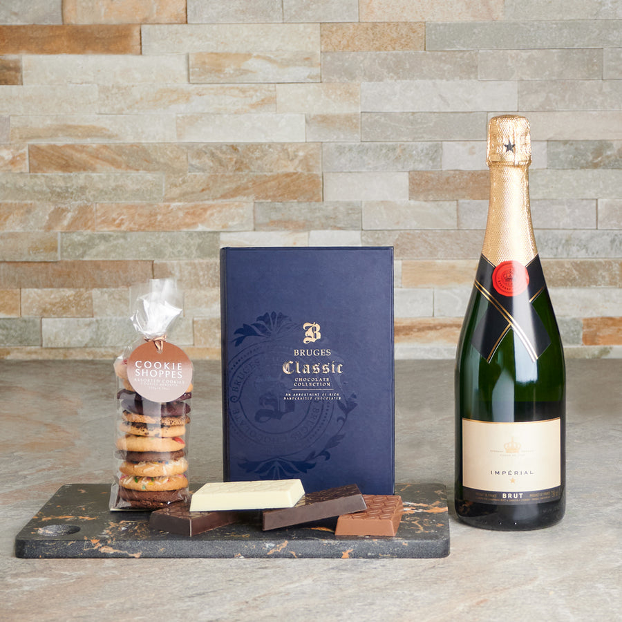 chocolate assortment, Chocolate, cookies, champagne gift set, Champagne, champagne gift basket delivery, delivery champagne gift basket, champagne gifts canada, canada champagne gifts, toronto