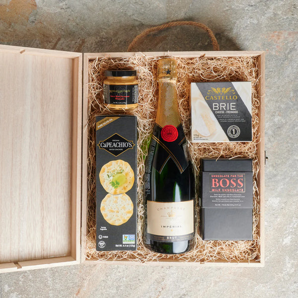 Champagne gift basket with gourmet treats