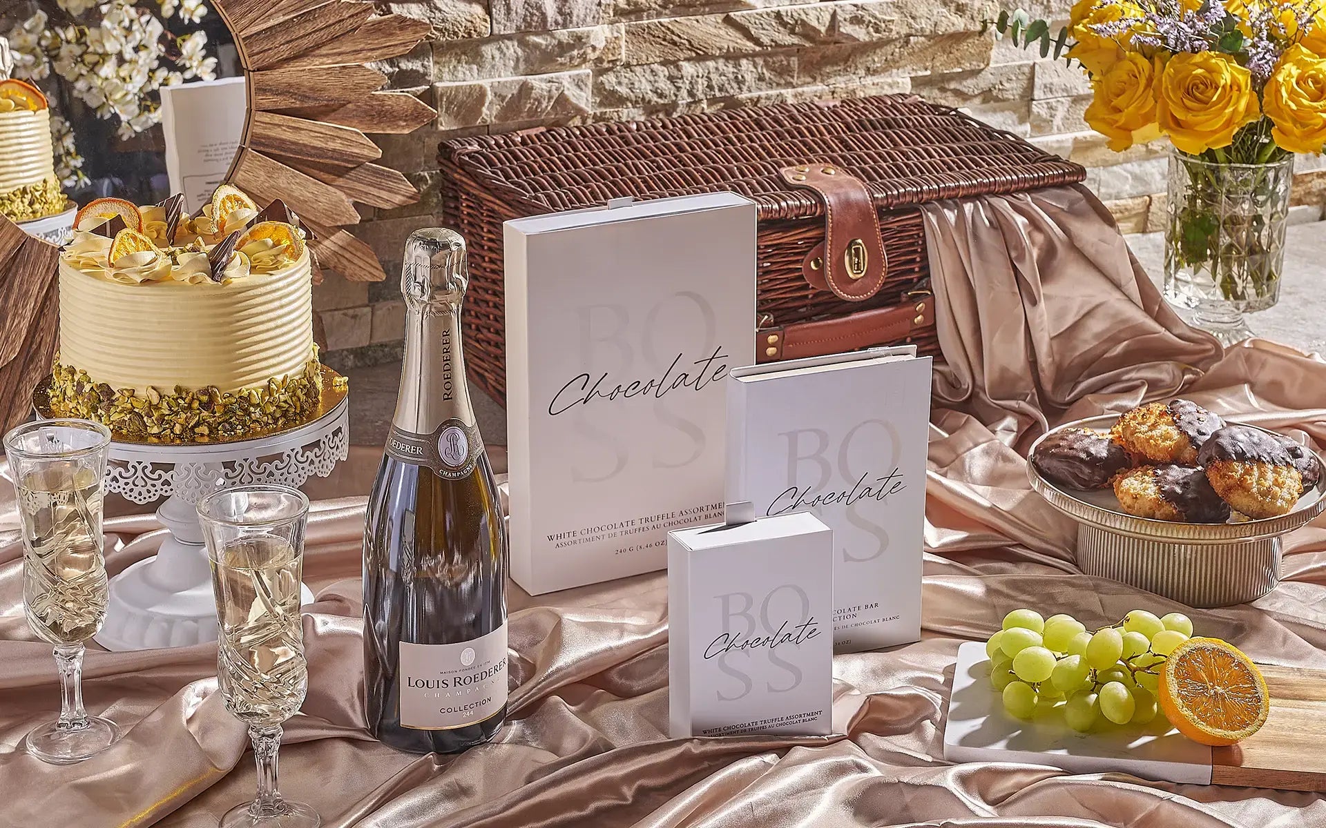Luxury gift basket with champagne and gourmet items