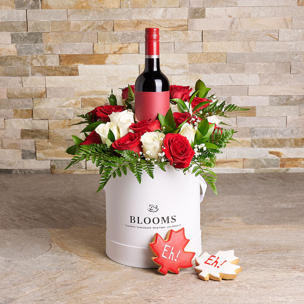 Canadian Pride Floral Box, canada day gift, canada day, wine gift, wine, flower gift, flowers, flroal gift, floral