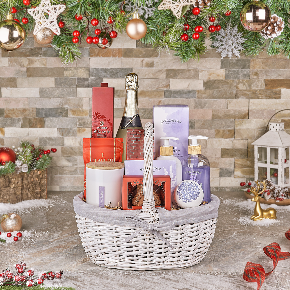 Champagne & Holiday Spa Basket, champagne gift, champagne, sparkling wine gift, sparkling wine, chocolate gift, chocolate, spa gift, spa, Canada delivery