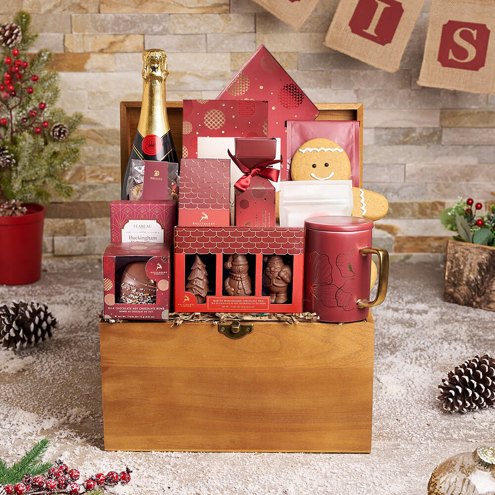 Cozy Holiday Champagne Gift Basket, christmas gift, christmas, holiday gift, holiday, gourmet gift, gourmet, champagne gift, champagne, sparkling wine gift, sparkling wine