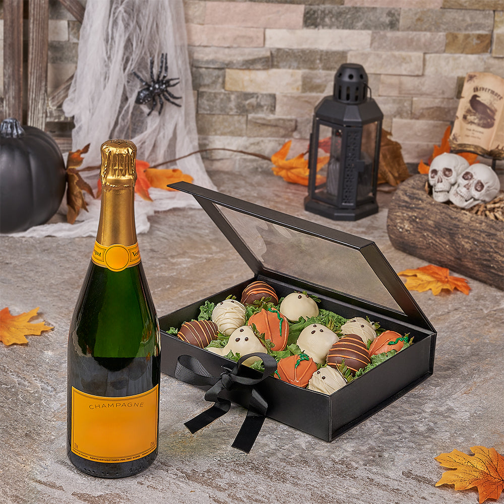 Halloween Chocolate Dipped Strawberries &amp; Champagne, chocolate dipped strawberry gift, chocolate dipped strawberry, champagne gift, champagne, sparkling wine gift, sparkling wine, halloween gift, halloween, Canada delivery