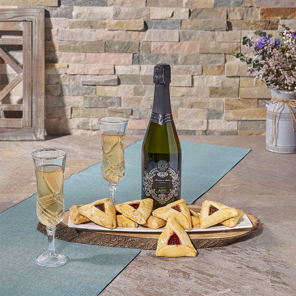 Hamantaschen Cookie Dish &amp; Champagne, sparkling wine gift, sparkling wine, champagne gift, champagne, kosher gift, kosher, purim gift, purim, Canada delivery