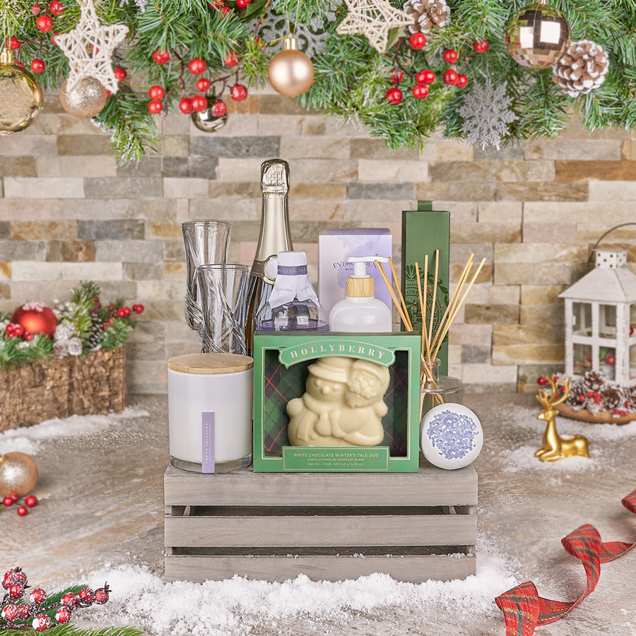 Holiday Bubbly & Spa Gift Crate, christmas gift, christmas, champagne gift, champagne, sparkling wine gift, sparkling wine, chocolate gift, chocolate, spa gift, spa, Canada delivery