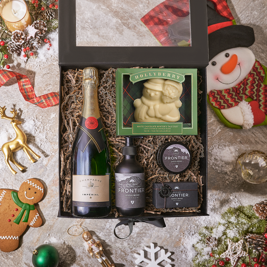 Holiday Sandalwood & Champagne Box, champagne gift, champagne, sparkling wine gift, sparkling wine, chocolate gift, chocolate, spa gift, spa, Canada delivery
