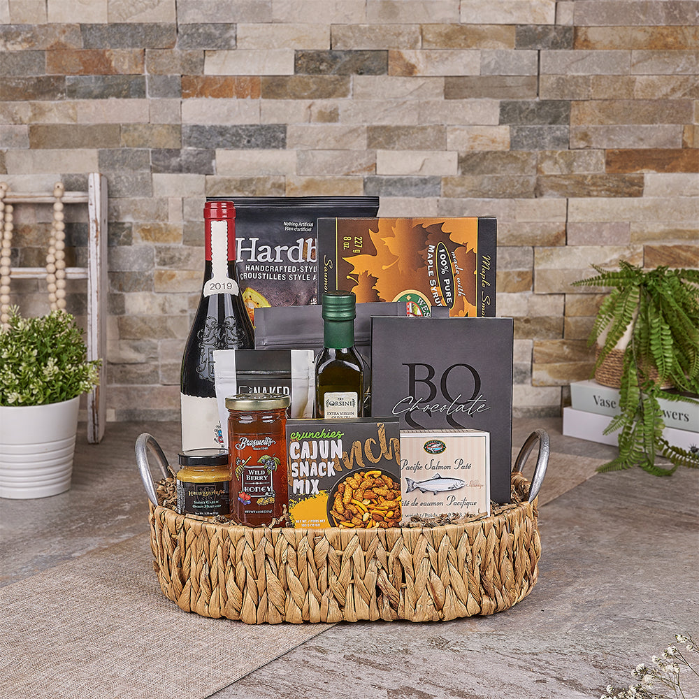 Seafood & Gourmet Treat Gift with Wine, wine gift, wine, chocolate gift, chocolate, salmon gift, salmon, seafood gift, seafood, Canada delivery