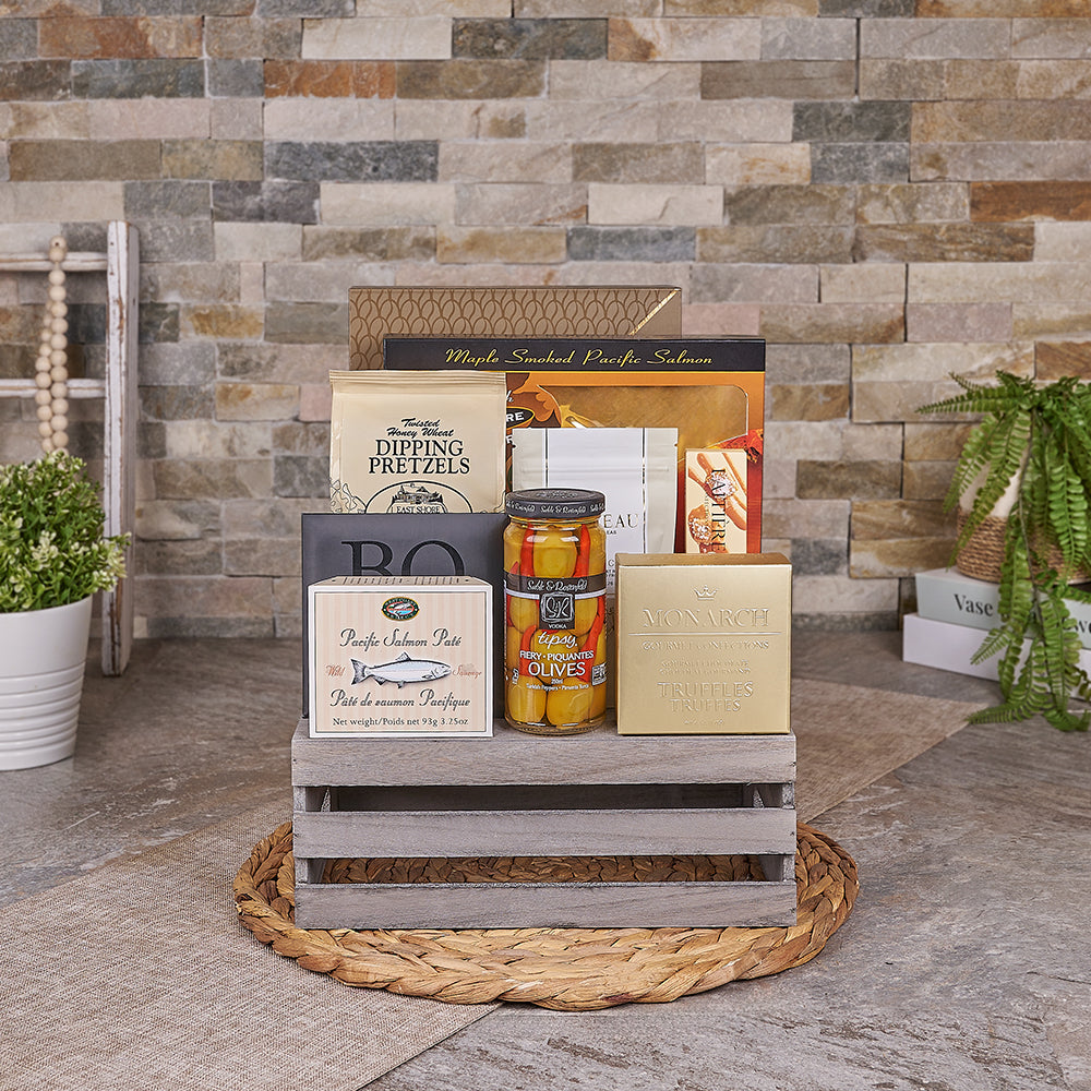 Seafood & Tea Gift Crate, seafood gift, seafood, salmon gift, salmon, chocolate gift, chocolate, Canada delivery