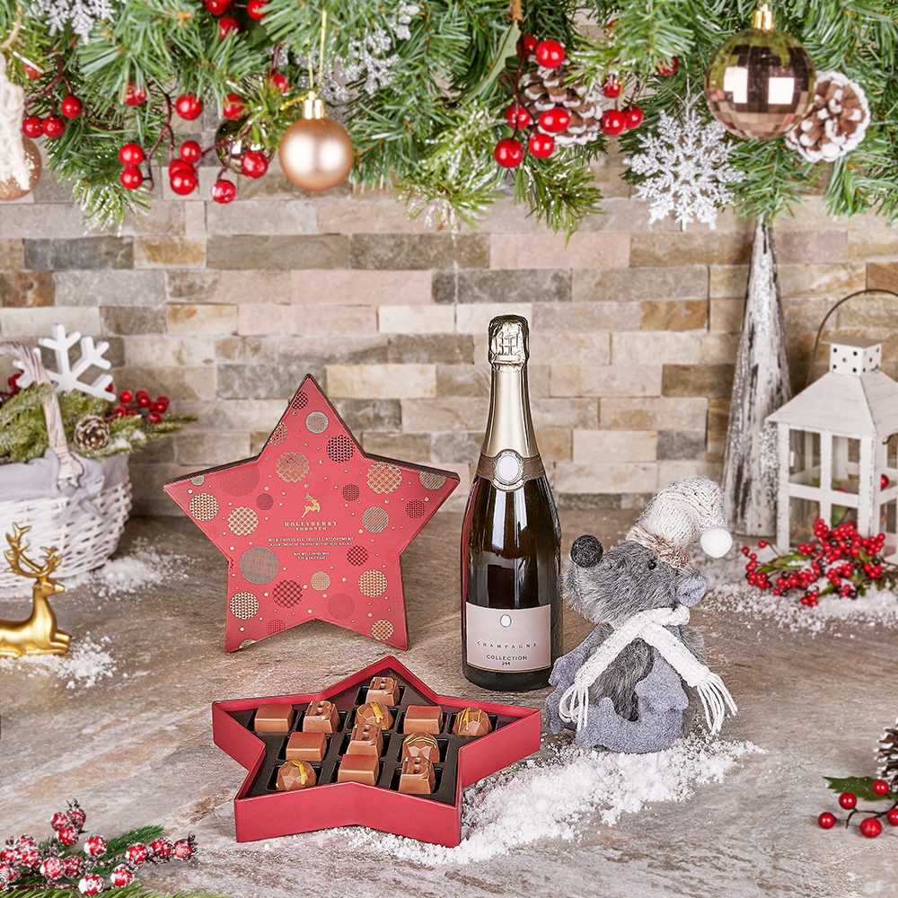 Sweets &amp; Champagne Holiday Gift Basket, christmas gift, christmas, holiday gift, holiday, chocolate gift, chocolate, champagne gift, champagne, sparkling wine gift, sparkling wine, Canada delivery