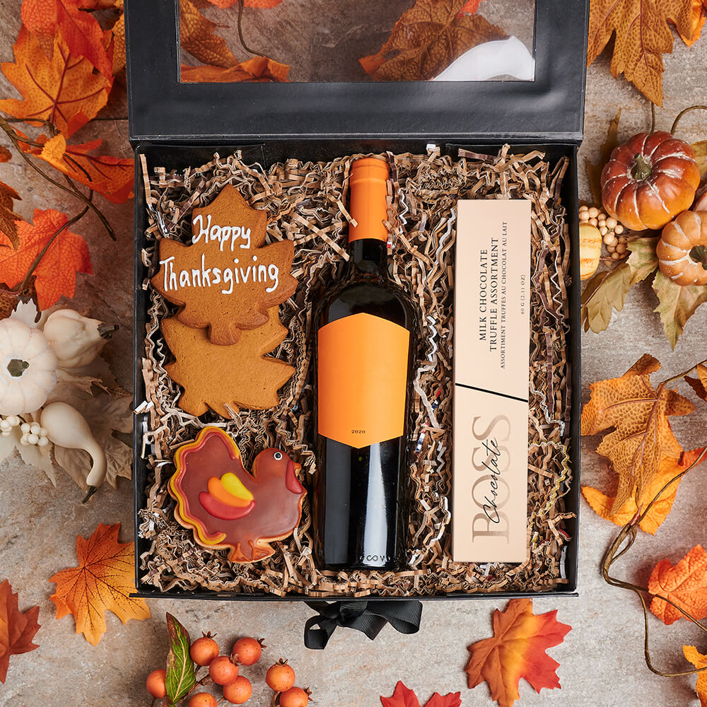 Thanksgiving Cookie & Wine Gift Box, wine gift, wine, thanksgiving gift,  thanksgiving, holiday gift, holiday, cookie gift, cookie