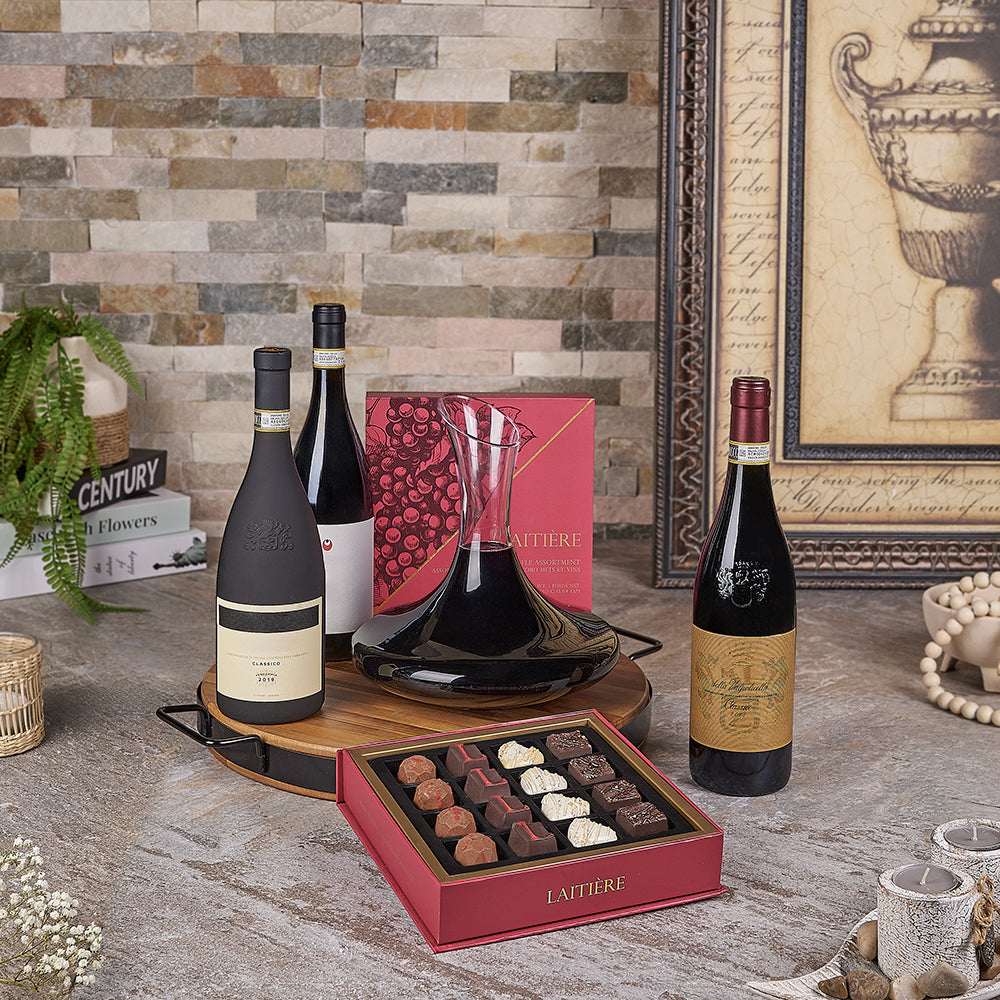 The Tre Vini Gift Basket - Premium Vintage Wines, wine gift, wine, chocolate gift, chocolate, decanter gift, decanter, Canada delivery