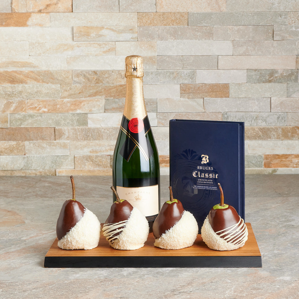 The Orchard Treats Champagne Gift Set, Champagne, Chocolate Fruits Gift Basket, Chocolate Dipped Pears, gourmet, Gourmet Gift Basket
